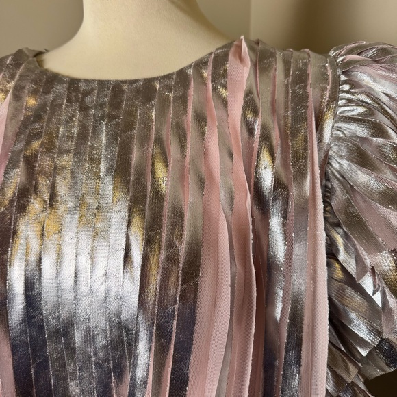 NWT ANTHROPOLOGIE Metallic Pleated Top w/ Ruffle Cap Sleeves PINK-SILVER /MEDIUM - Picture 2 of 16